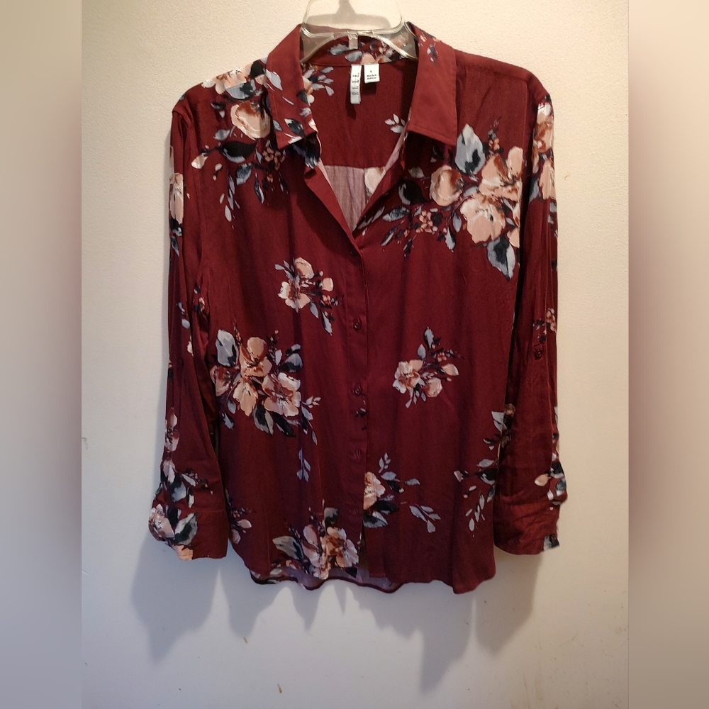 Elle large rayon burgundy floral long sleeve blouse